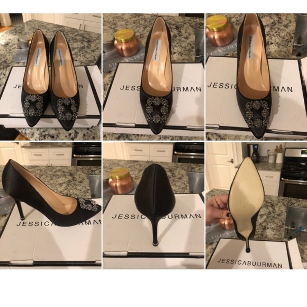 Black Satin Diamond Broach Pumps